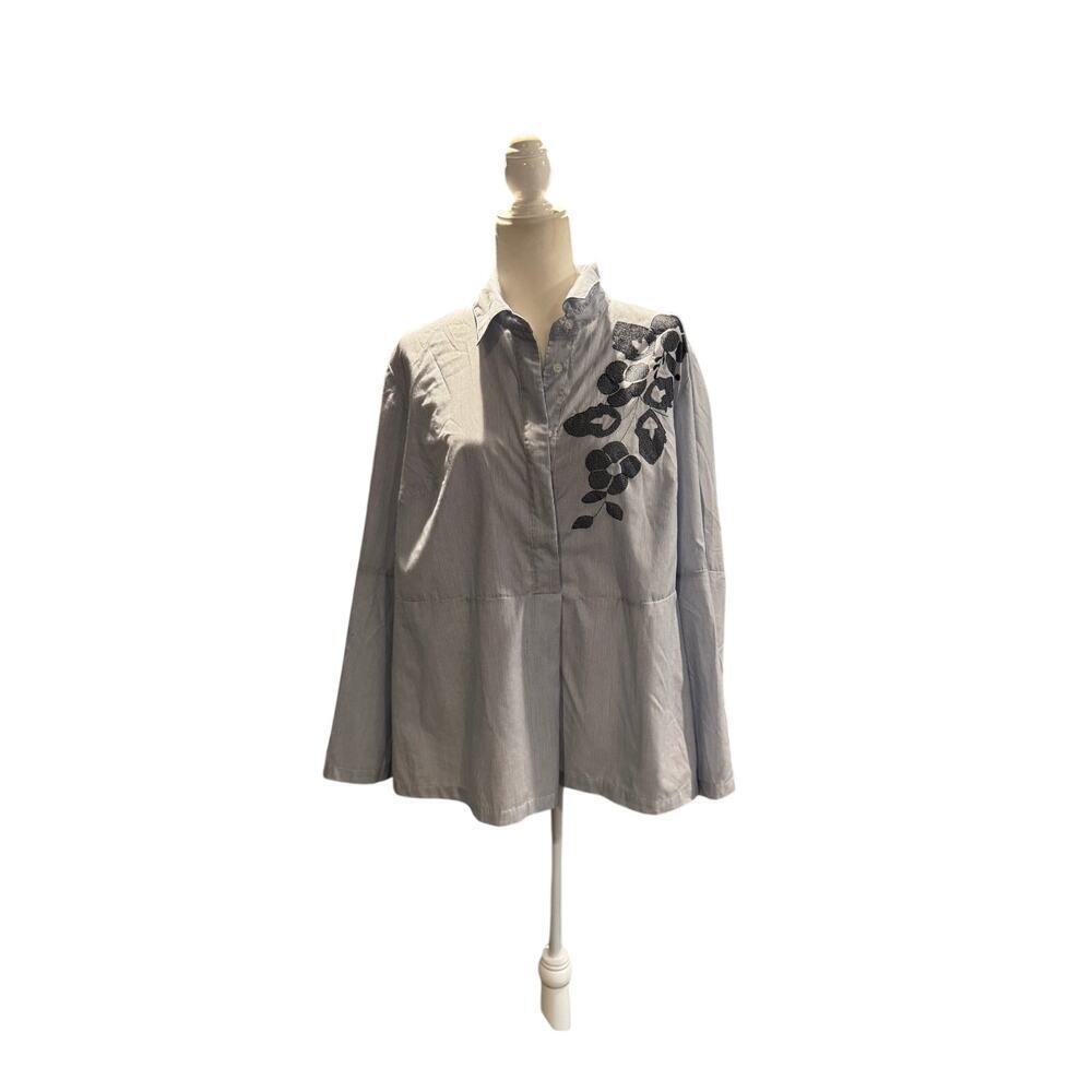 Lane Bryant Plus Size 18 Blue & White Striped Floral Embroidered Blouse - Picture 1 of 5